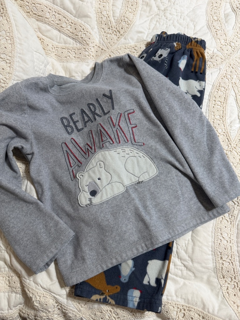 Carter’s Kids Grey Polar Bear Pajama Matching Set - 'Bearly Awake